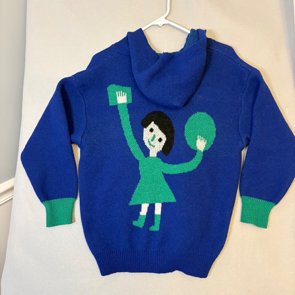 Whimsical Blue Knit Hooded Intarsia Mori Girl Graphic Cardigan Sweater Small